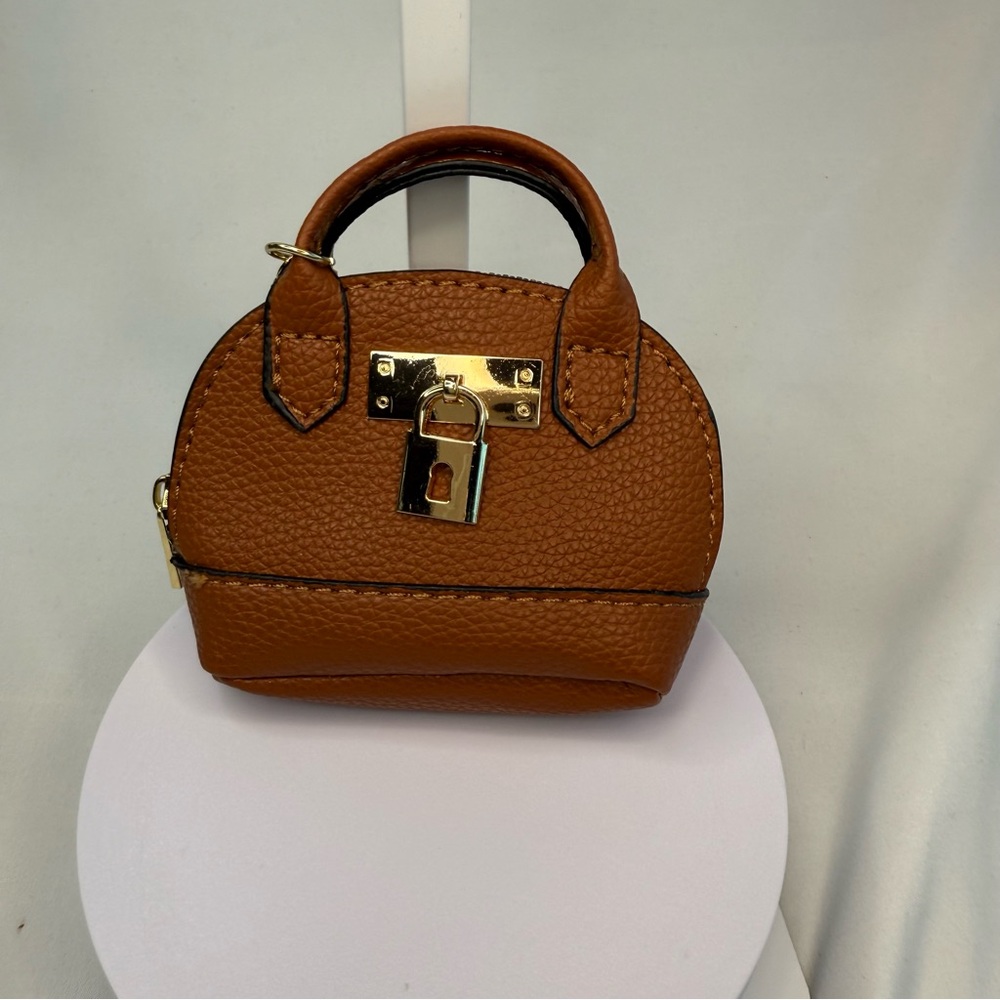 Elegant Brown Mini Bag Key Holder Keychain FOB Bag Charm with Gold Lock Accent
